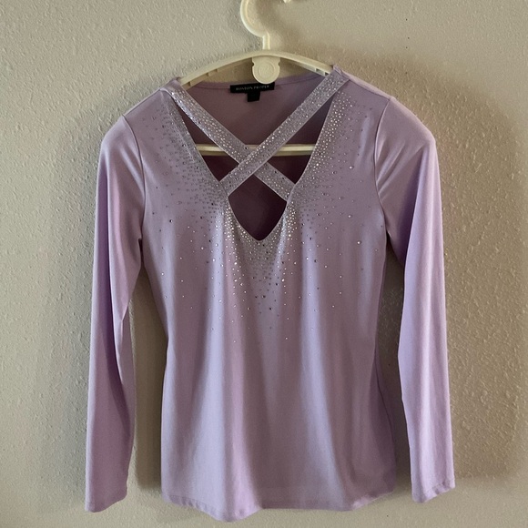 Boston Proper Embellished Strappy Keyhole Long Sleeve Top Lavender Women… - Picture 1 of 14